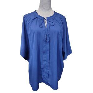 C Wonder Batwing Blouse Blue Tassle Tie Pleated Neckline Top Lightweight Size XL